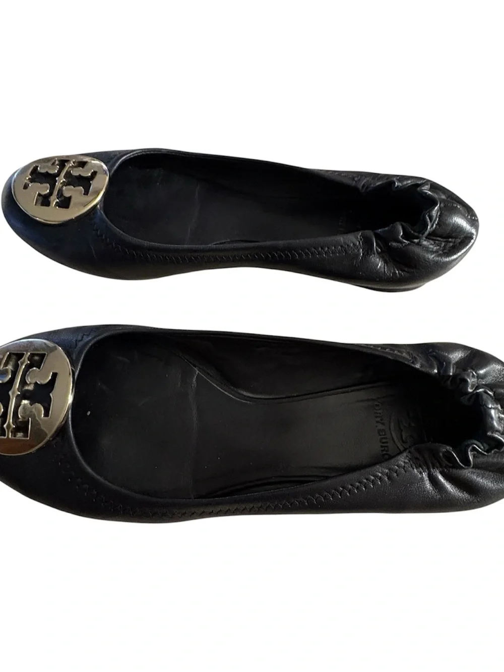 Tory Burch Black Leather Ballet Flats with Gold Logo Medallion